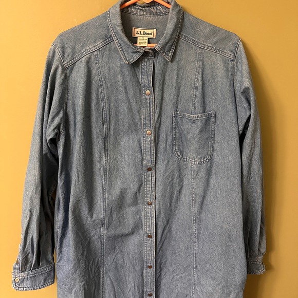 LL Bean Denim Shirt Dress Midi Long Sleeve Snap Button Front Size 16 Modest - Picture 2 of 12